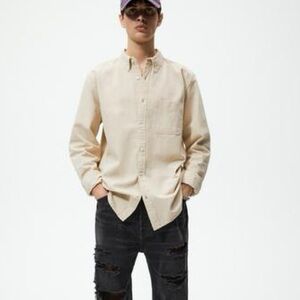 Zara men’s solid washed color denim shirt sz L in sand/tan NWOT